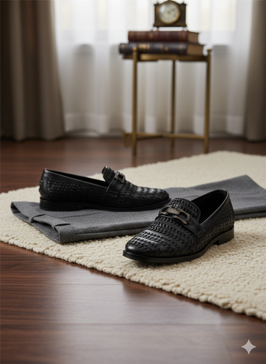 Men’s Woven Leather Bit Loafers - Classic Black