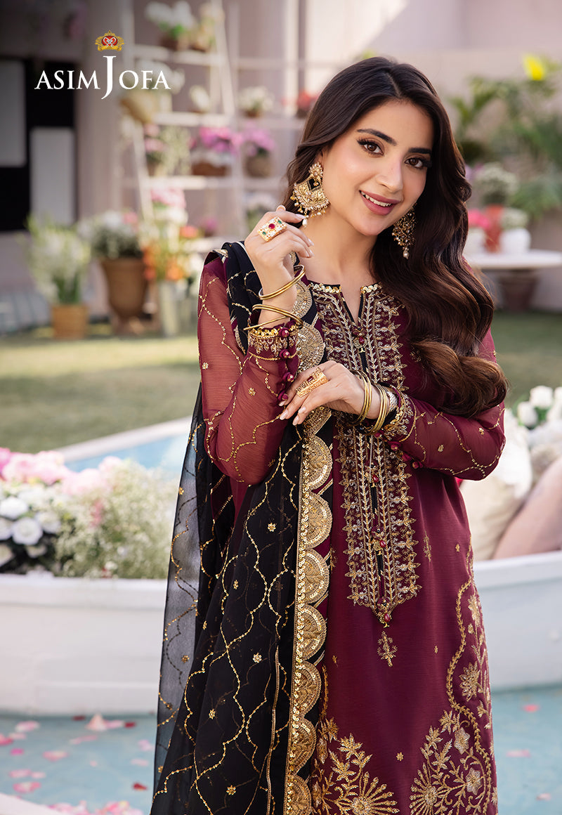 Asim Jofa AK-3035 - Maroon & Black Luxury Embroidered Lawn Suit