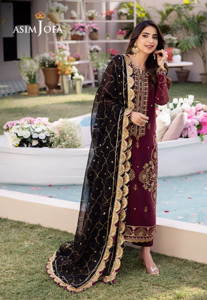 Asim Jofa AK-3035 - Maroon & Black Luxury Embroidered Lawn Suit