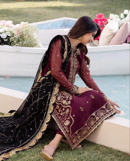 Asim Jofa AK-3035 - Maroon & Black Luxury Embroidered Lawn Suit