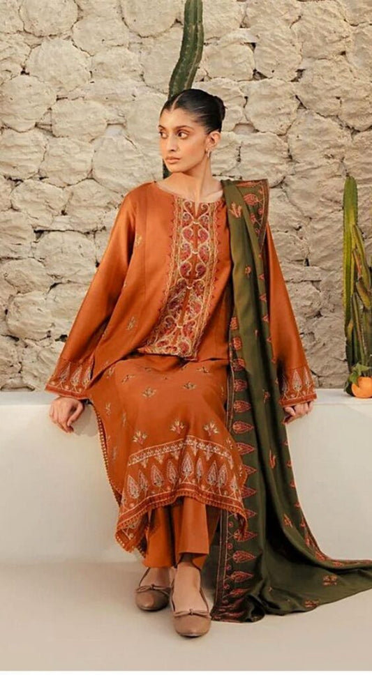 BeechTree AK-3032 - Rust & Olive Green Embroidered Lawn Suit