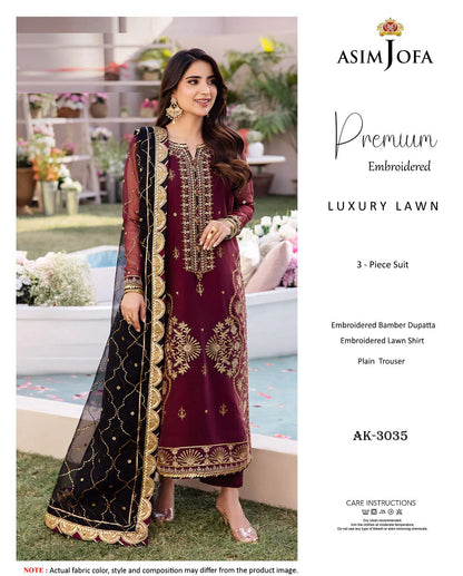 Asim Jofa AK-3035 - Maroon & Black Luxury Embroidered Lawn Suit