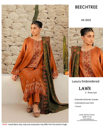 BeechTree AK-3032 - Rust & Olive Green Embroidered Lawn Suit