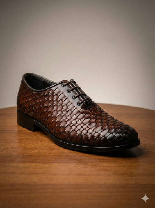 Leather Class Handwoven Leather Shoes - Burnished Brown Lace-Up